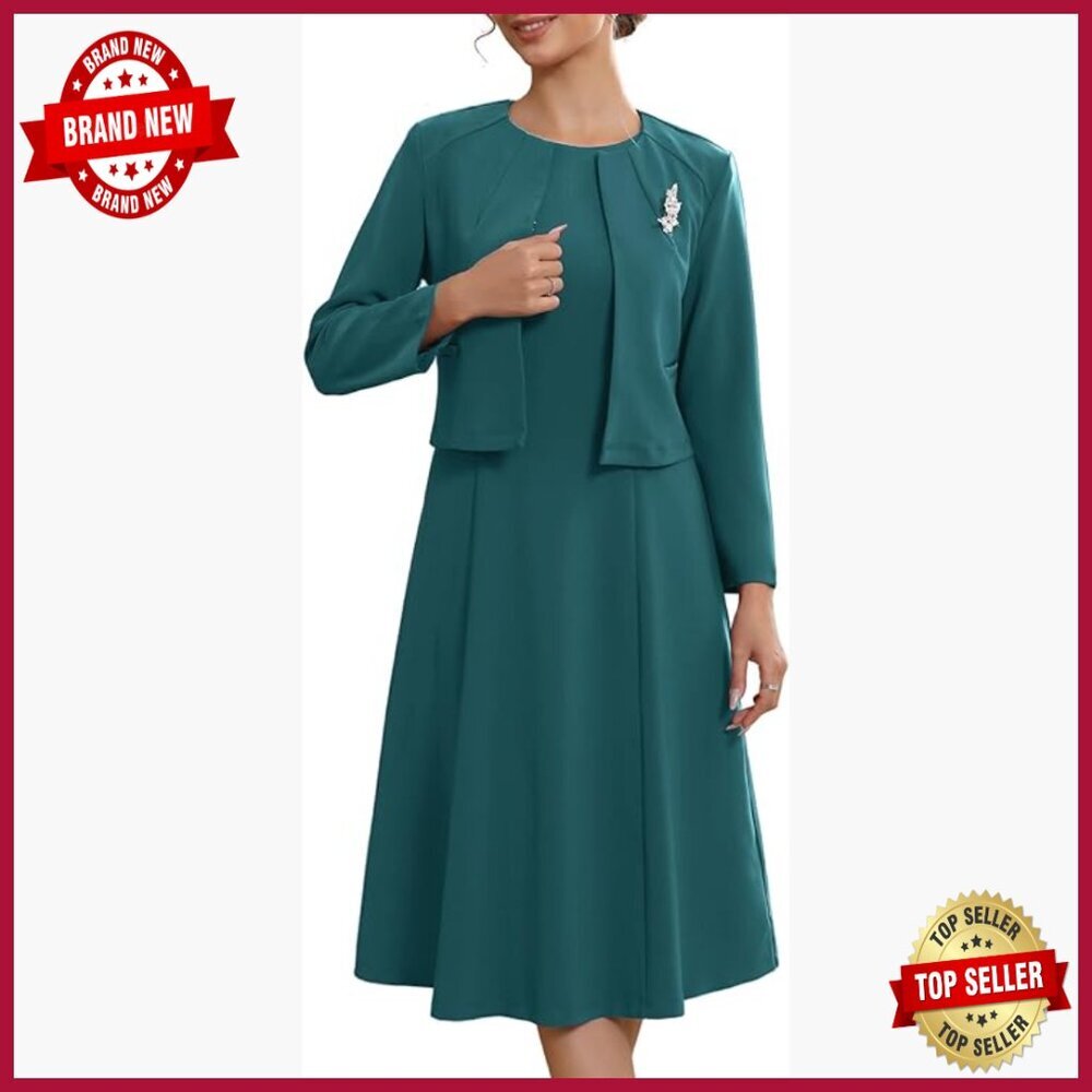 Sleeveless A-Line Dress with Crop Blazer Formal Suit Set Polyester Spandex